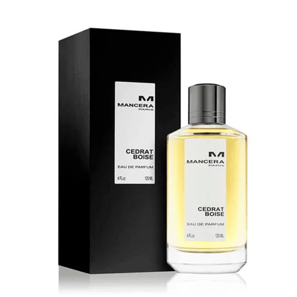Imagen del frasco y la caja del perfume Cedrat Boise de Mancera, con diseño sofisticado y moderno