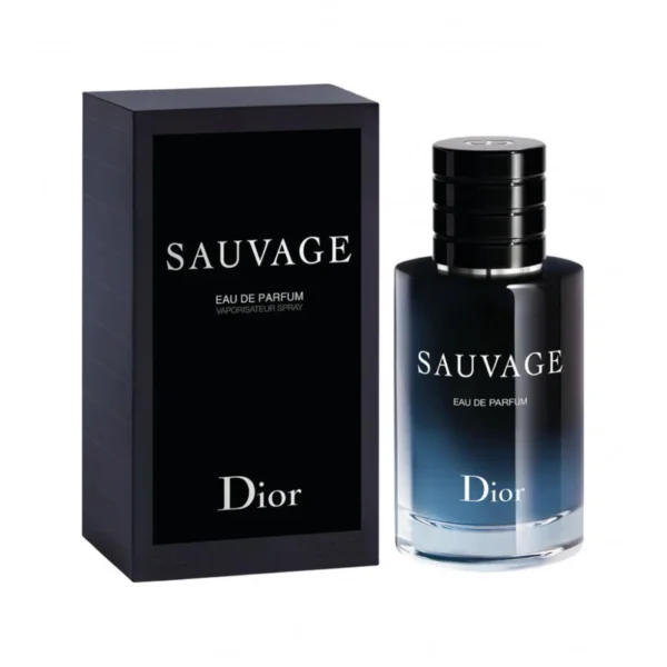 Imagen del frasco y la caja del perfume Sauvage de Dior, con diseño robusto y moderno