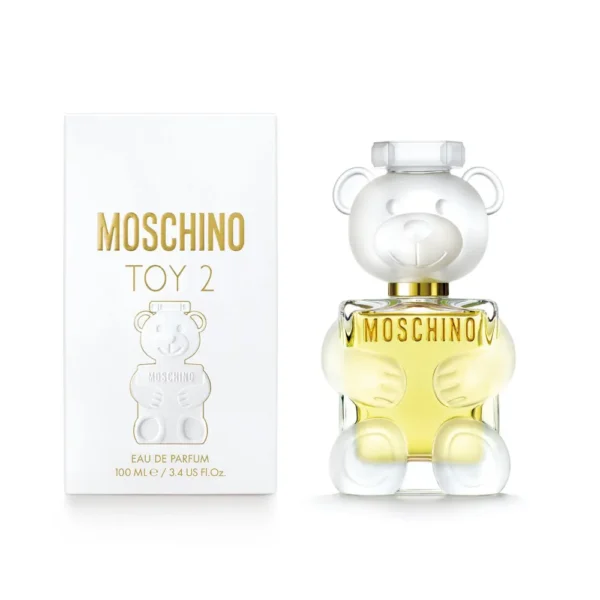 Imagen del frasco y la caja del perfume Toy 2 de Moshino, con diseño moderno y vanguardista